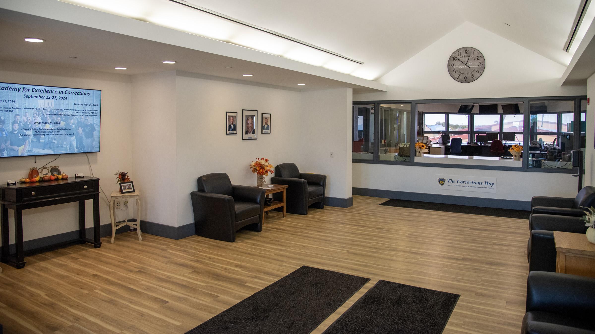 At the Academy for Excellence in Corrections in Cameron, Missouri, the former Western Missouri Correctional Center control center has been transformed into a welcoming lobby and reception area.