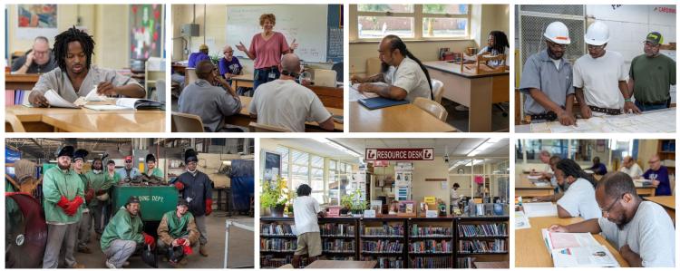 collage of photos of people in academic and vocational classrooms