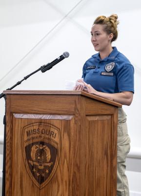 Sergeant Julie Teague addresses the audience at the Director's Award of Valor ceremony.