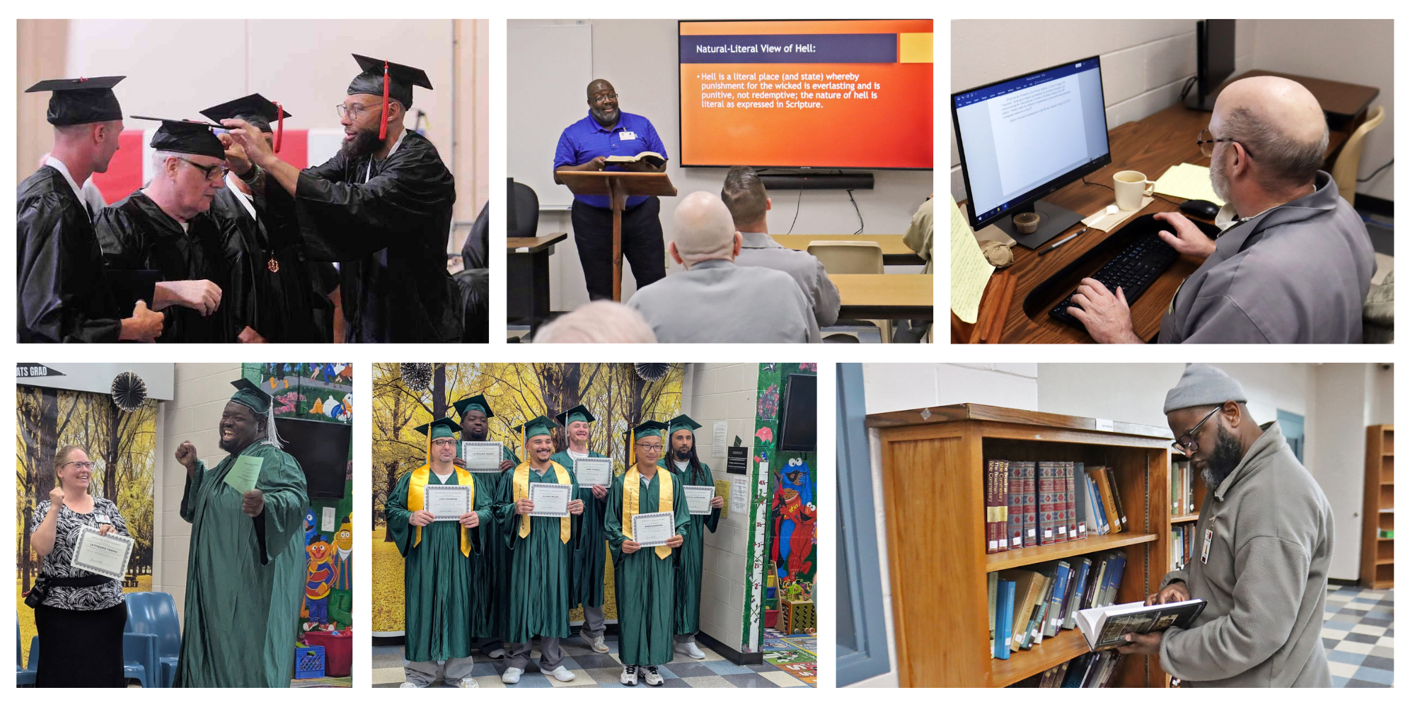 Photo collage - prison classrooms and graduation ceremonies