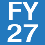 Blue square button with letters FY 27 in white.